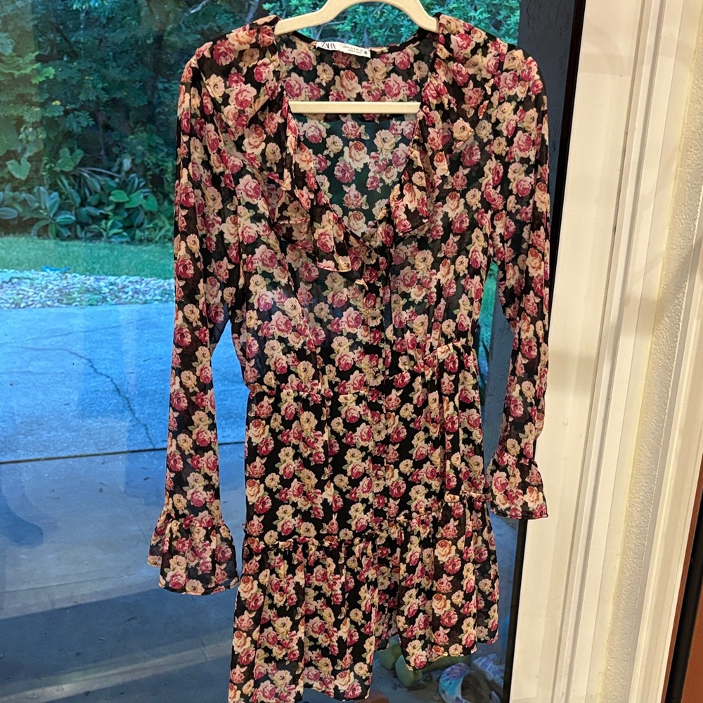 Zara Black Floral Long Sleeve Dress